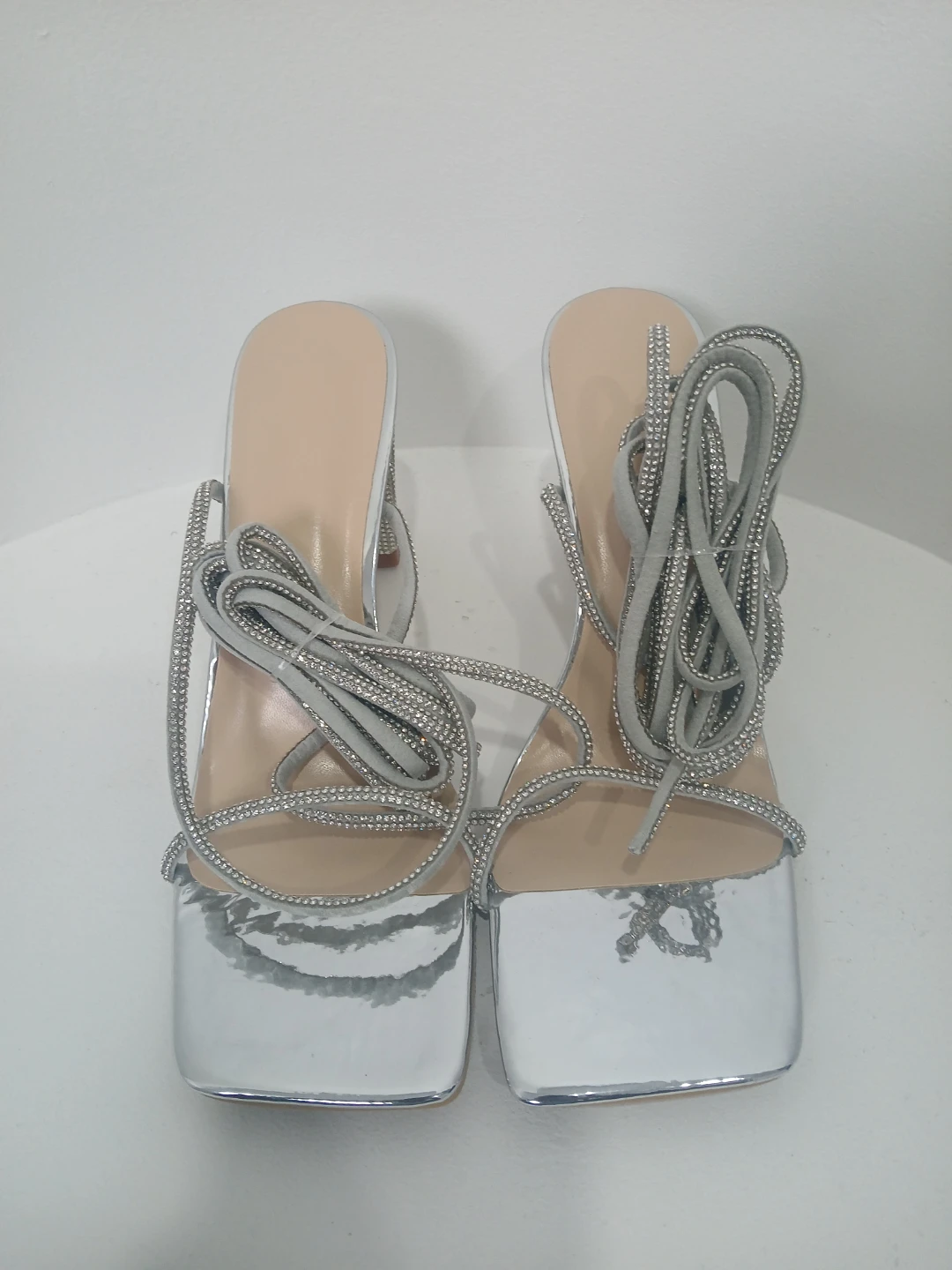 Silver Embellished Lace-Up Block Heels - photo 2
