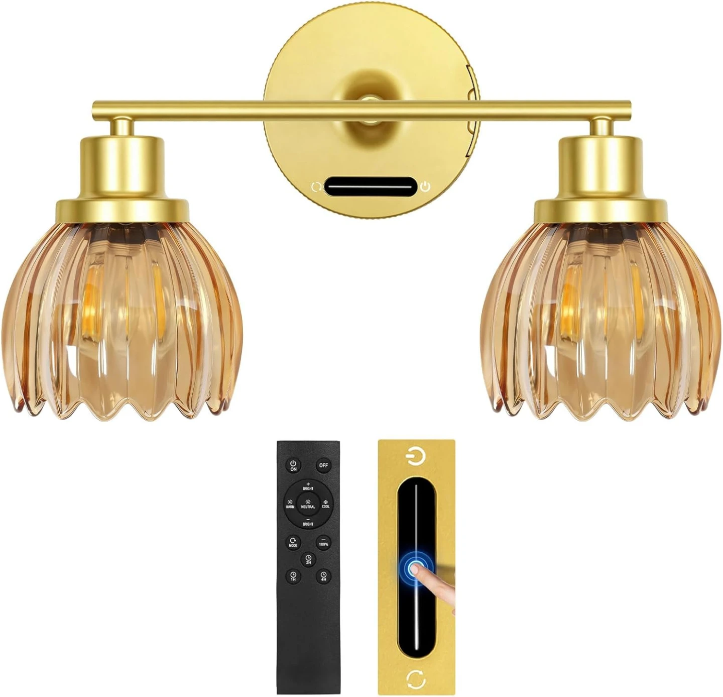 Gold Double Vanity Light Fixture with Amber Glass Shades - photo 2