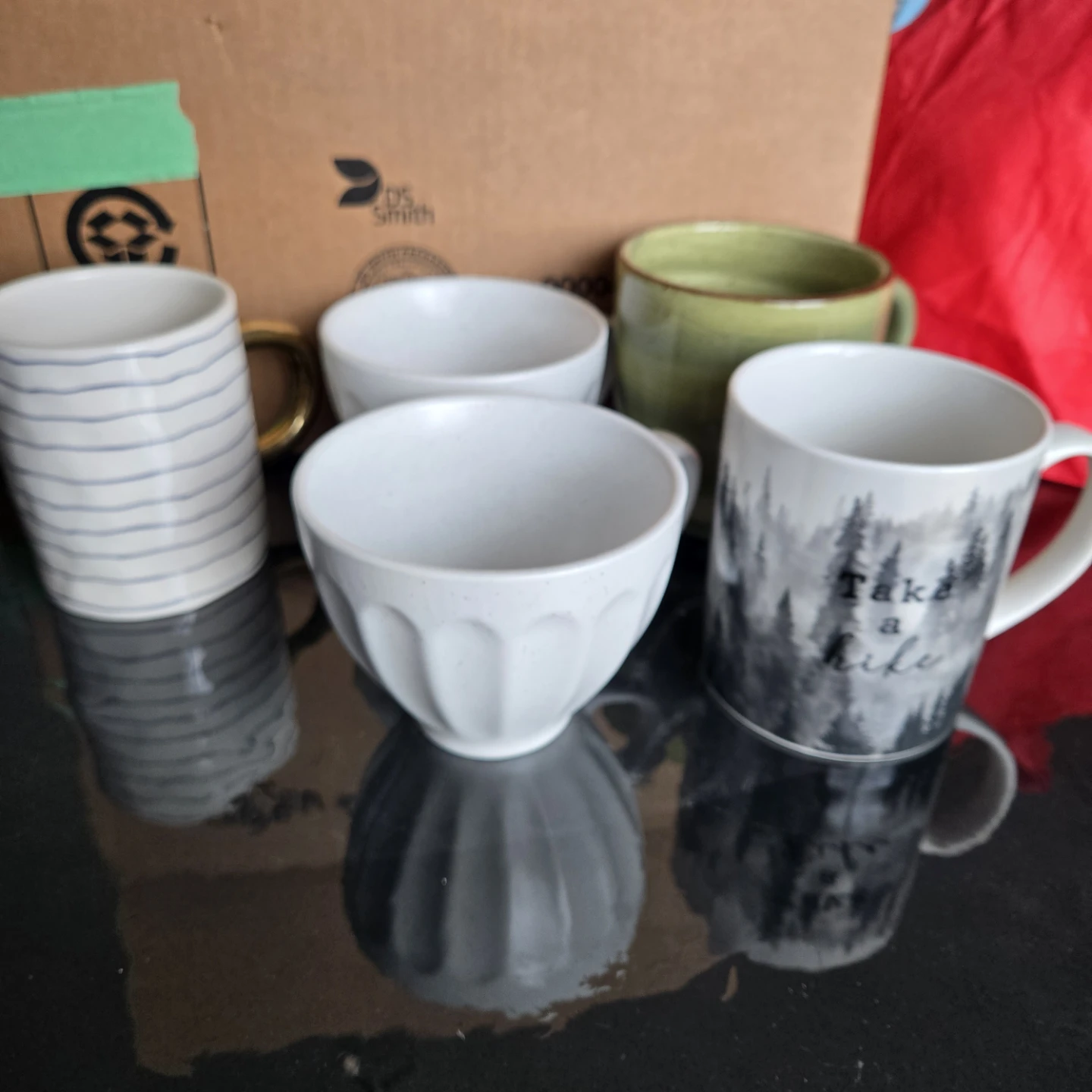 Set of 5 Mugs - Forest, Stripes, and White Speckled Designs