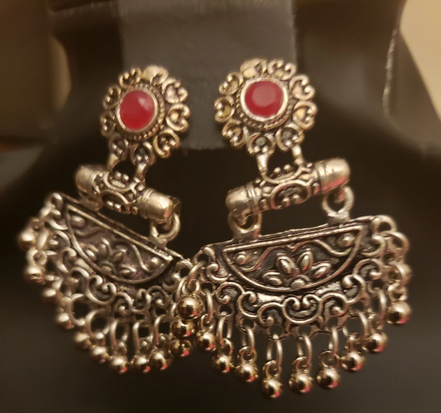 Silver Tone Chandelier Earrings with Red Stones - photo 2