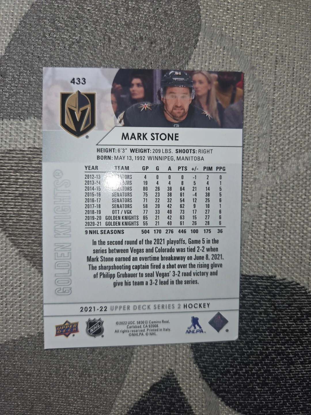 Mark Stone 2021-22 Upper Deck Series 2 Hockey Card - photo 2