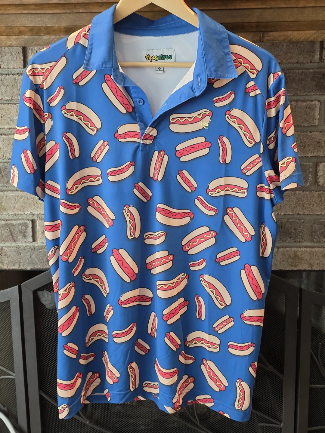 Tipsy Elves Hot Dog Print Short Sleeve Polo Shirt!