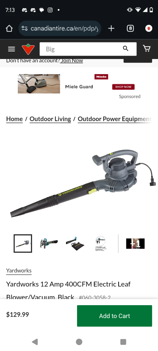 Yardworks 12 Amp 400CFM Electric Leaf Blower/Vacuum - Black