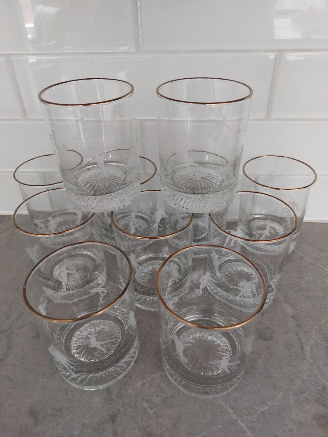 Set of 10 Vintage Etched Glasses with Gold Rim - photo 2
