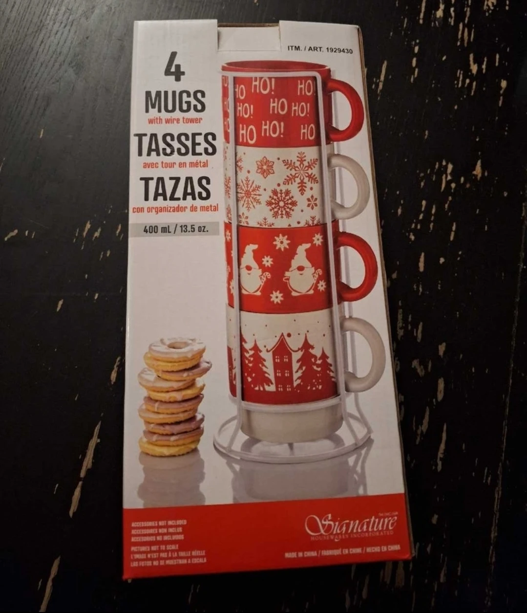4 Holiday Mugs with Wire Tower