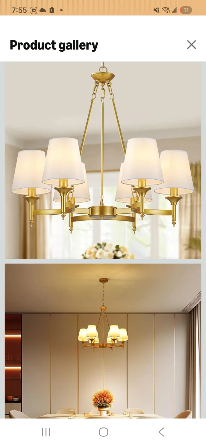 Brass 6-Light Chandelier with White Shades