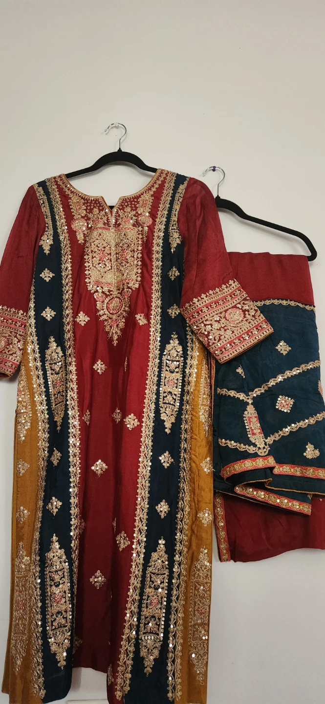 Embroidered Silk Kameez Shalwar with Dupatta