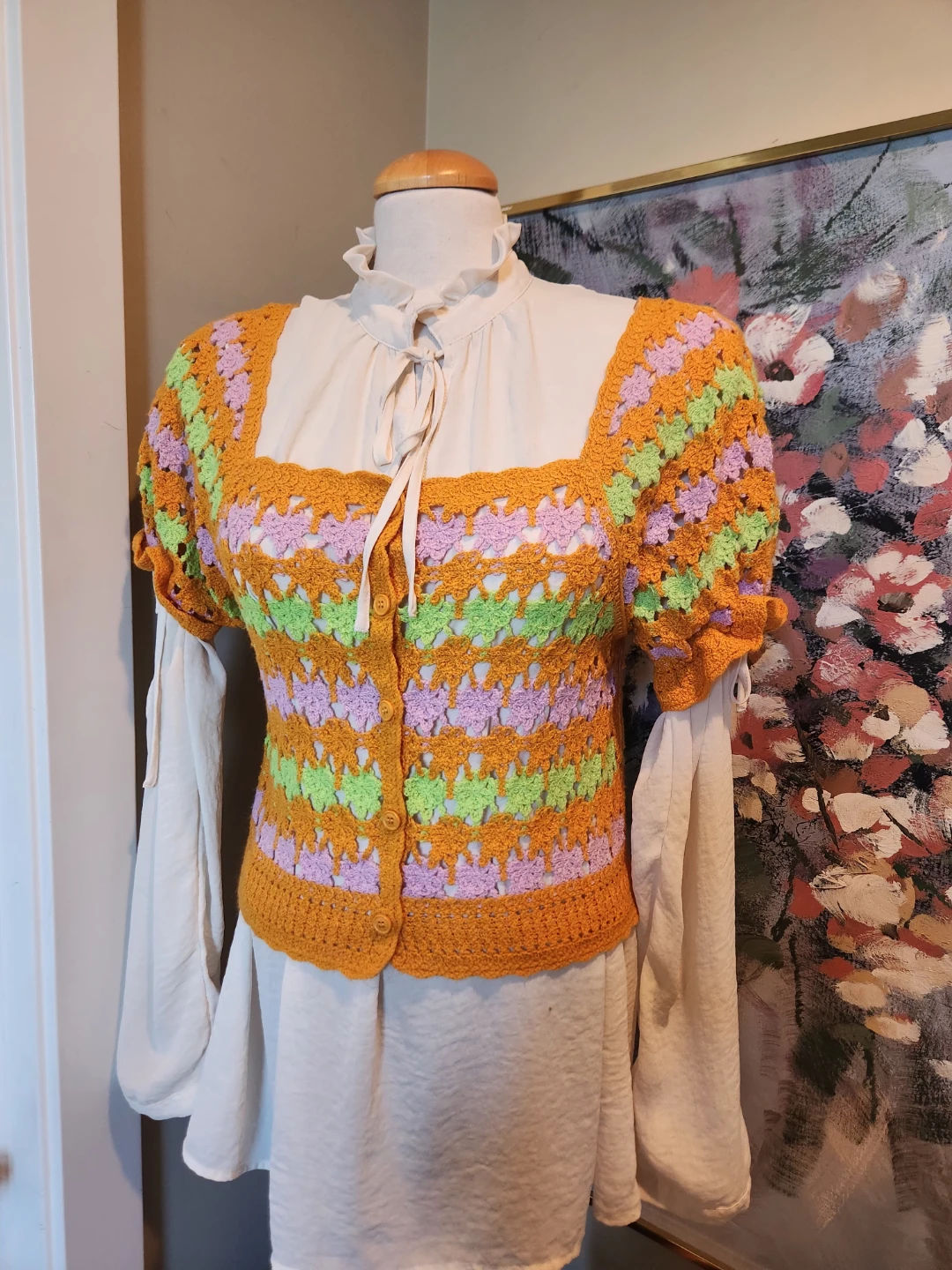 FESTIVAL WARE ALERT Crocheted Square Neck Button-Up Top
