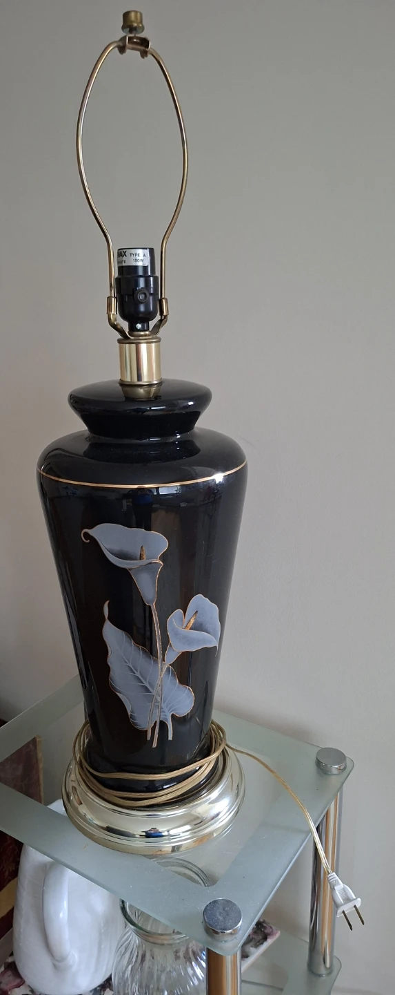 Vintage Black Ceramic Table Lamp with Calla Lily Design