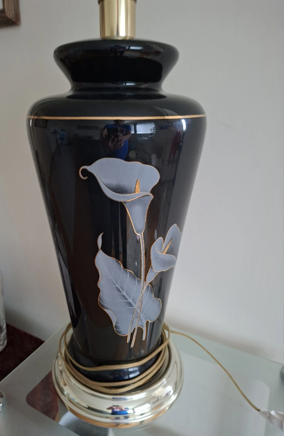 Vintage Black Ceramic Table Lamp with Calla Lily Design - photo 3