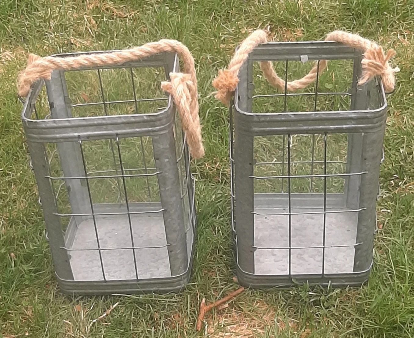 Galvanized Metal Baskets with Rope Handles (Set of 2)