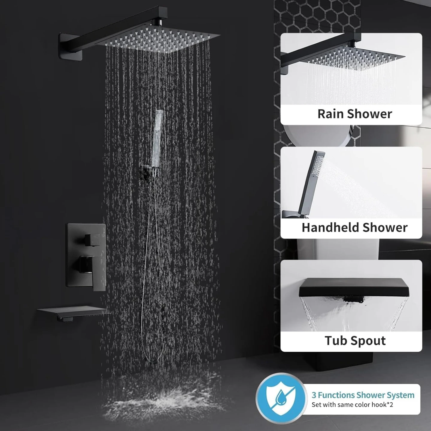 Brand New 3 in 1 Matte Black Rainfall Shower Kit For Sale - photo 4