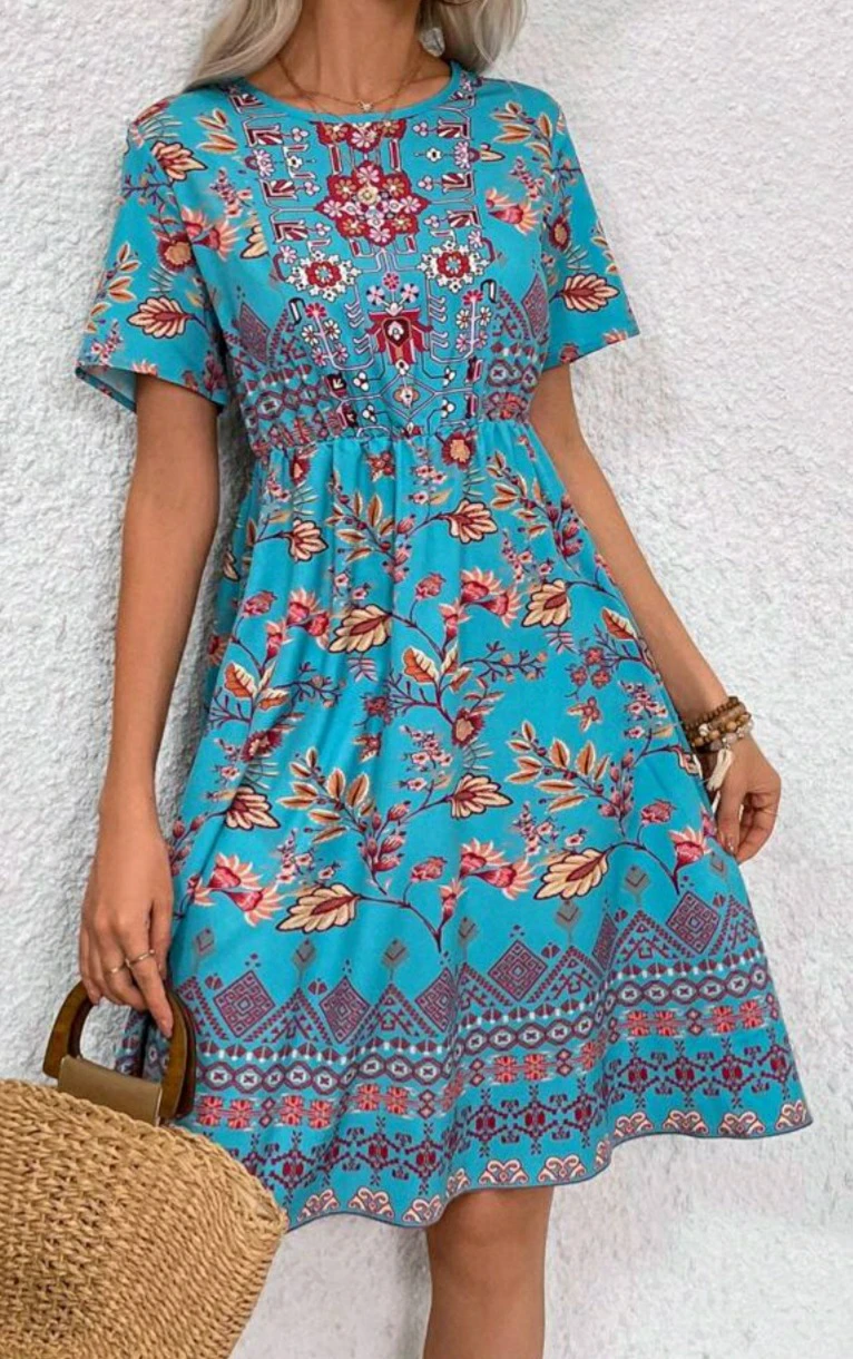 Blue Floral Print Short Sleeve Midi Dress