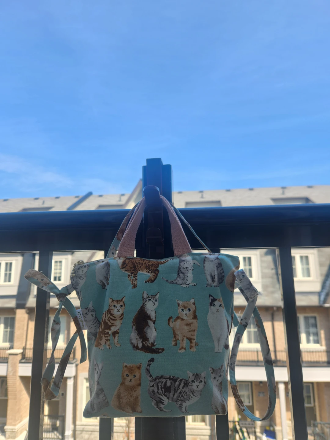 Hand Made Blue Cat Print Tote Bag with Pink Straps