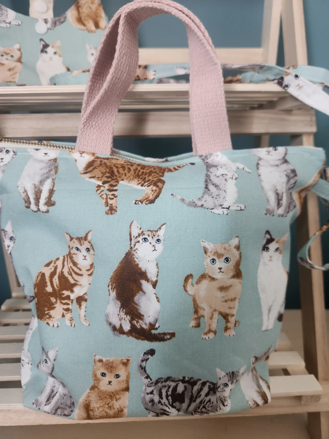 Hand Made Blue Cat Print Tote Bag with Pink Straps - photo 3