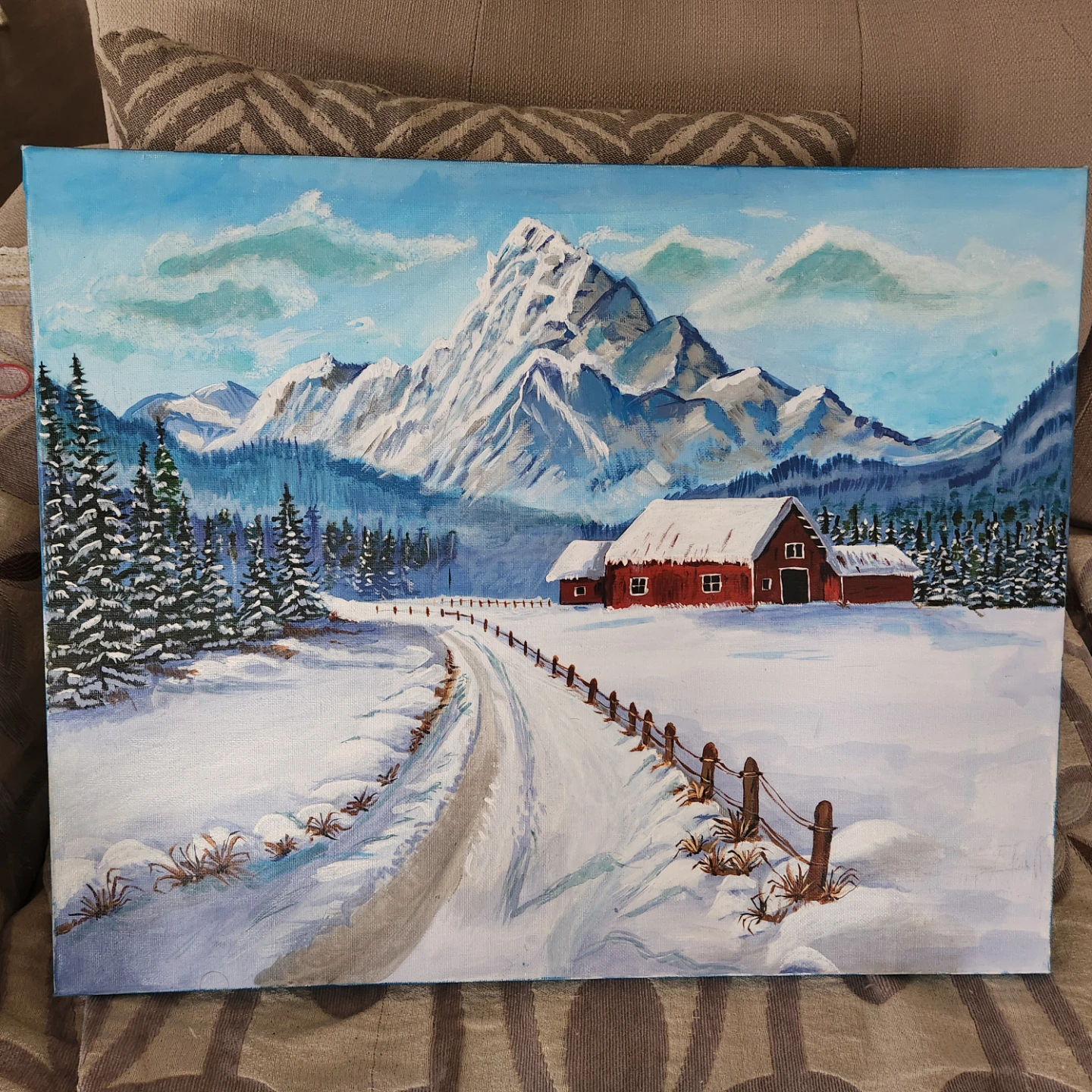 Winter Mountain Barn Landscape Painting