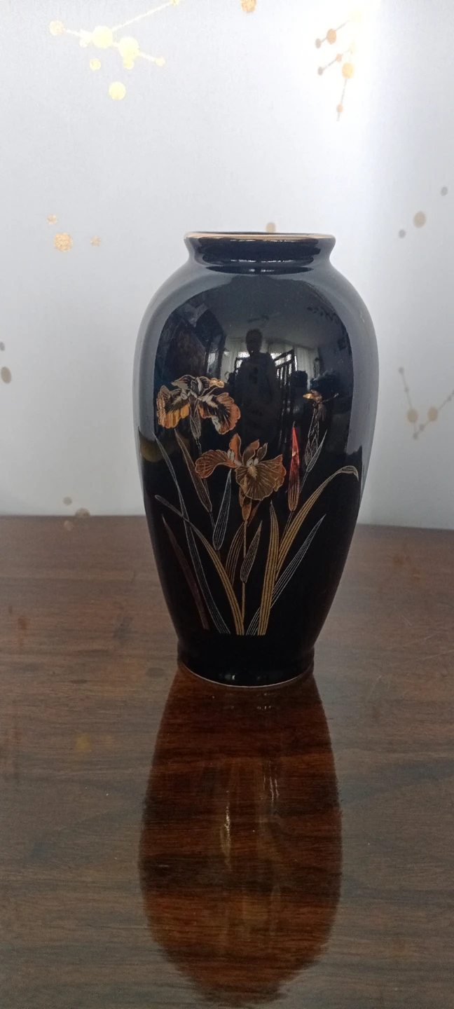 Vintage Black Ceramic Vase with Gold Iris Design - Made in Japan