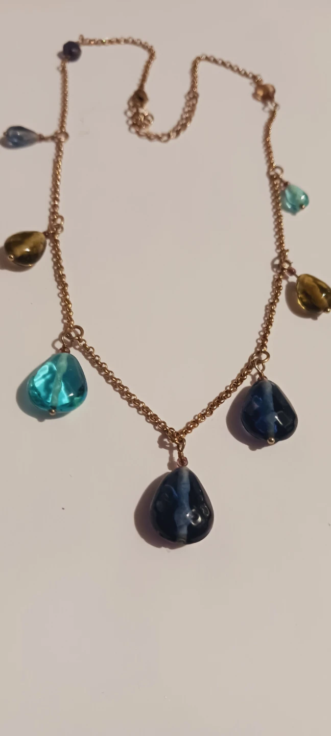 Gold tone necklace with assorted blue and green glass beads - photo 4