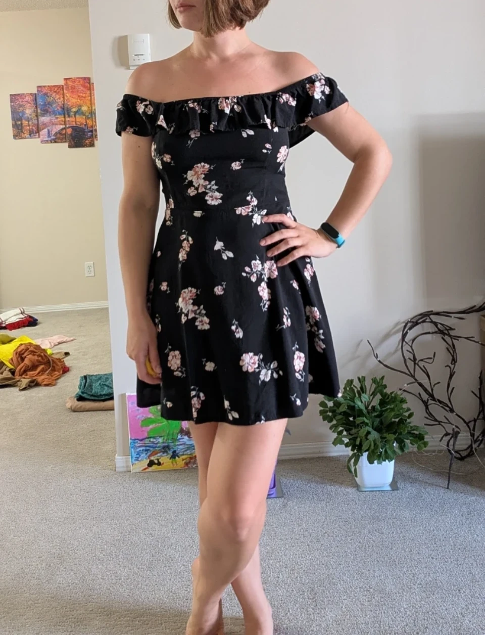 Women's Black Floral Off-the-Shoulder Dress