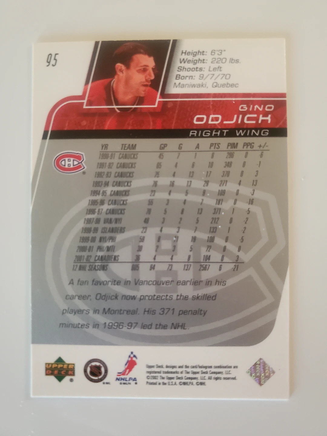 Gino Odjick 1996-97 Upper Deck Hockey Card - photo 2
