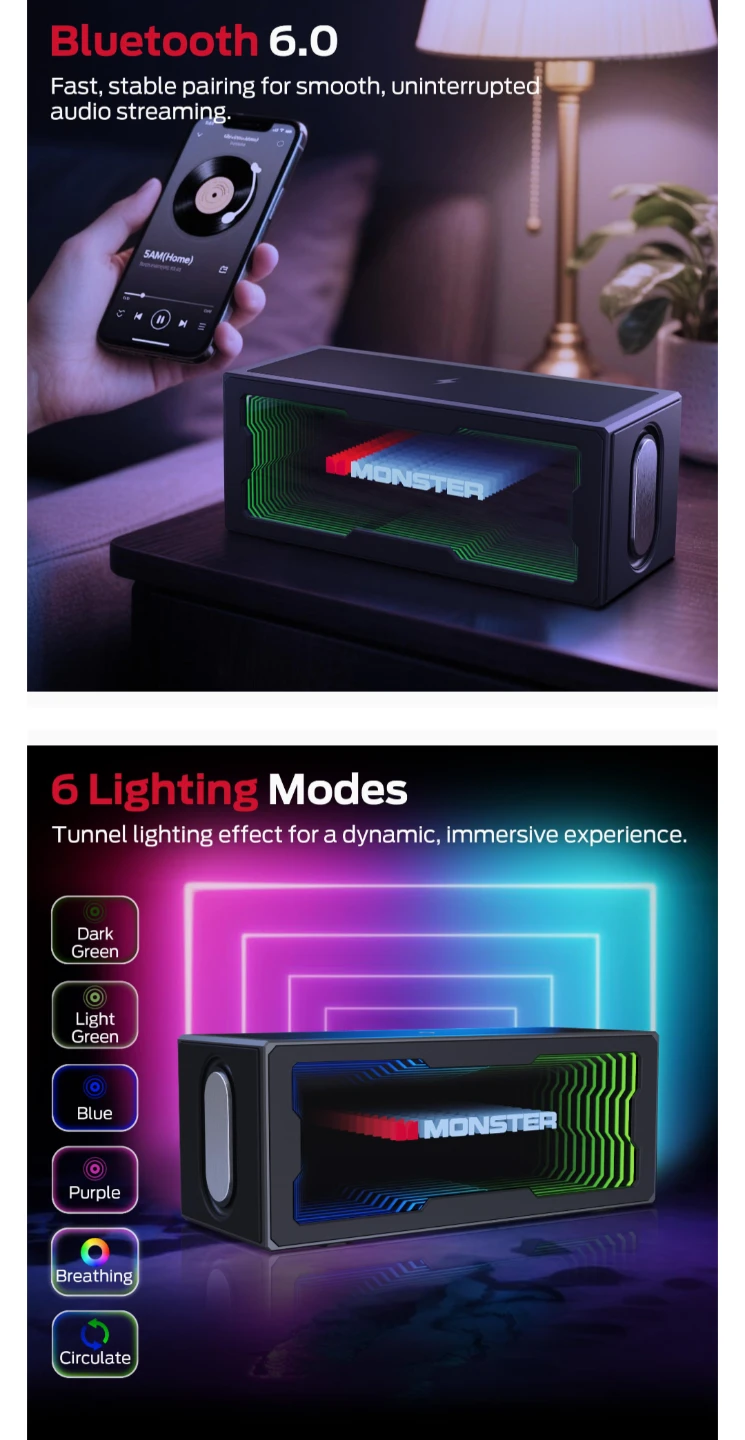 MONSTER Bluetooth Portable Speaker - 3D Túnel Lights - photo 4