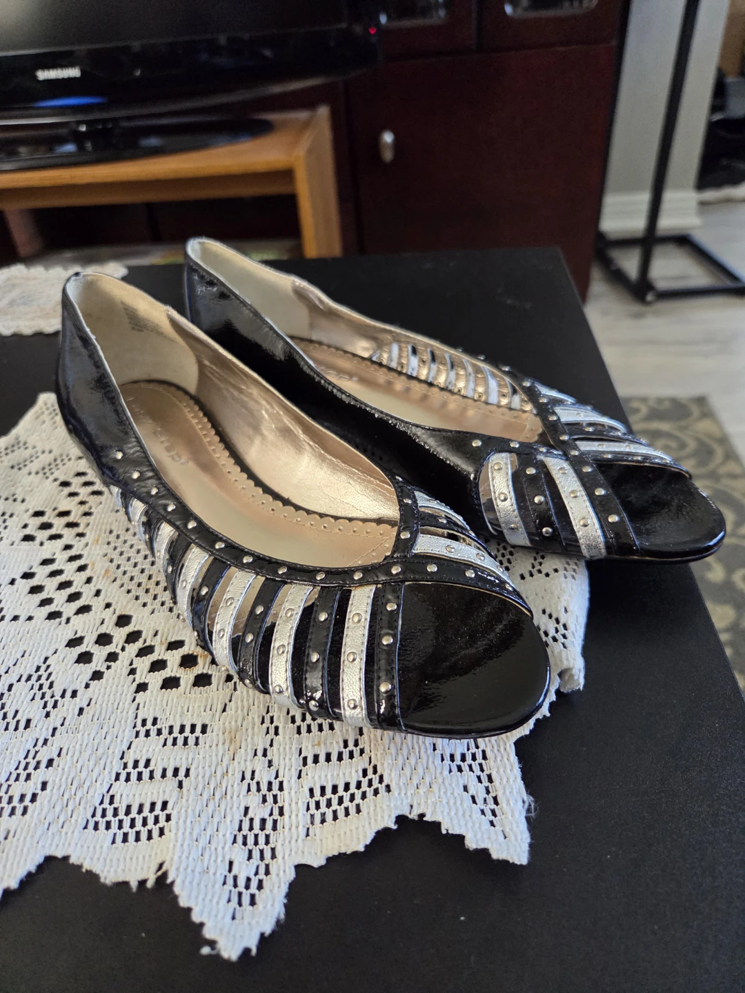 Black Patent Peep Toe Flats with Silver Accents - photo 2