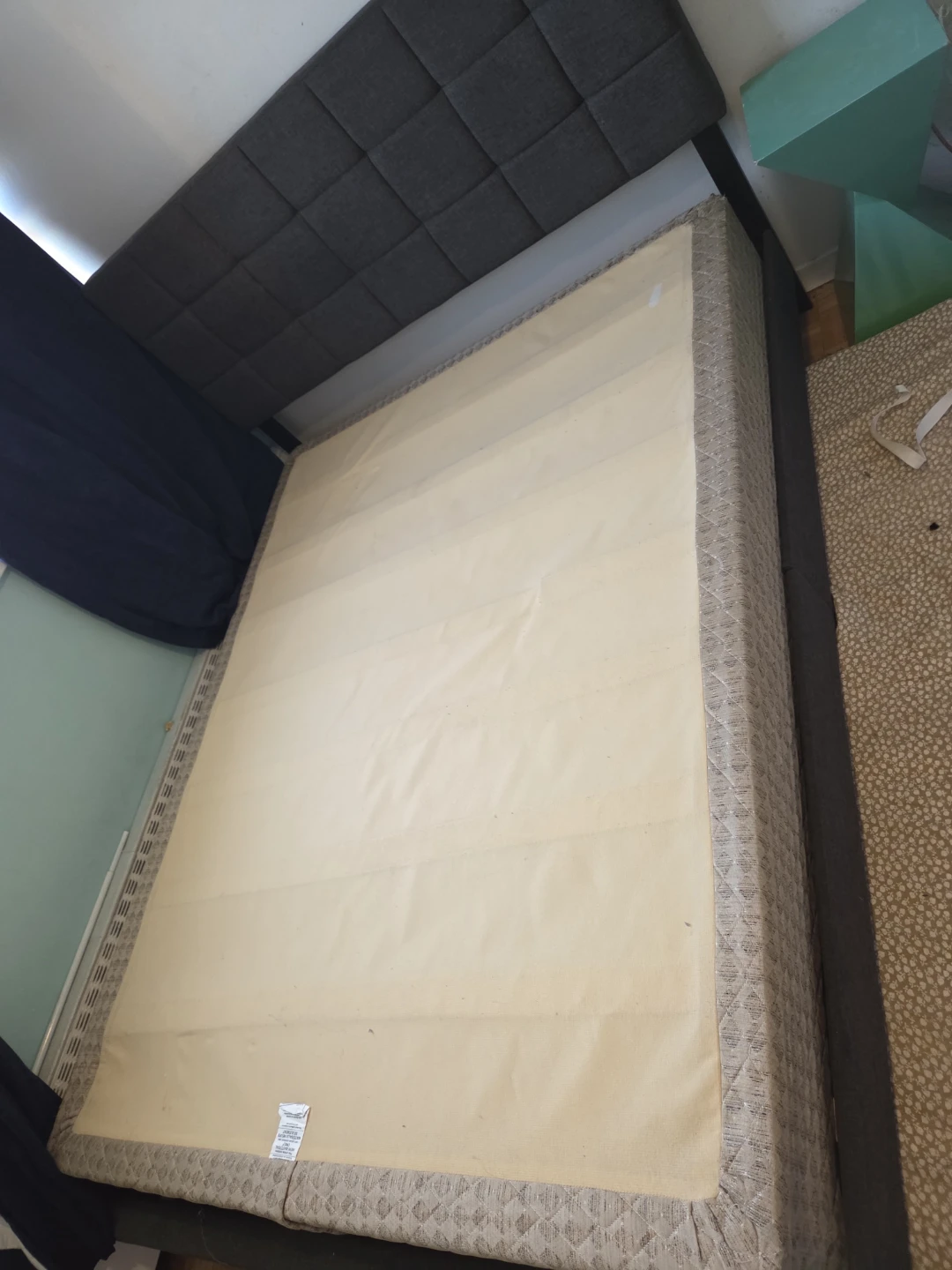 Grey Upholstered Headboard and Bed Frame