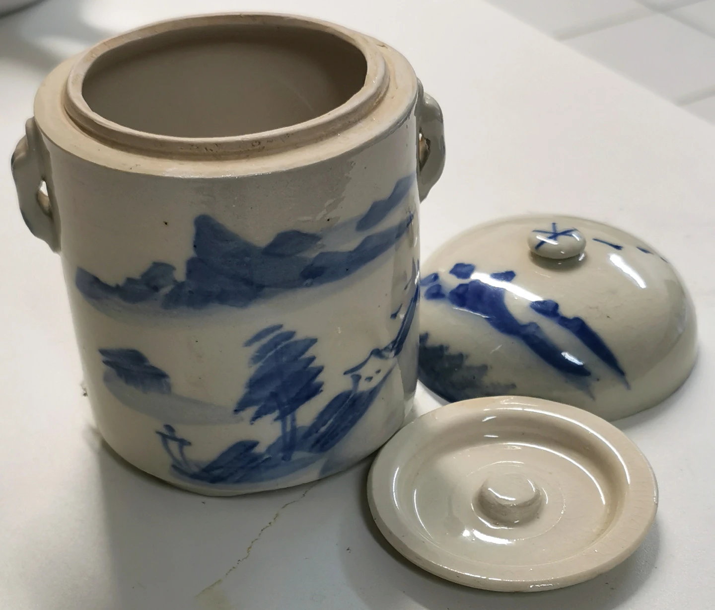 Vintage Ceramic Jar with Blue Landscape Design
