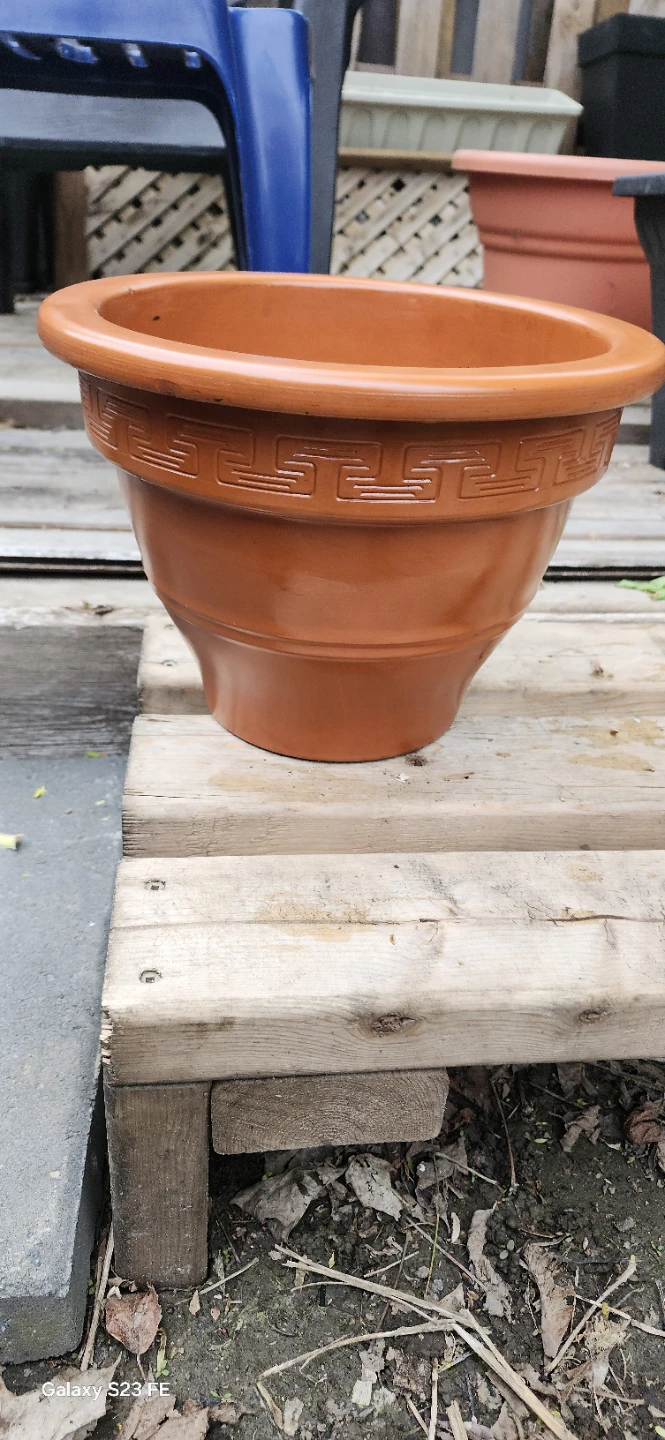 Terracotta coloured planter with decorative rim