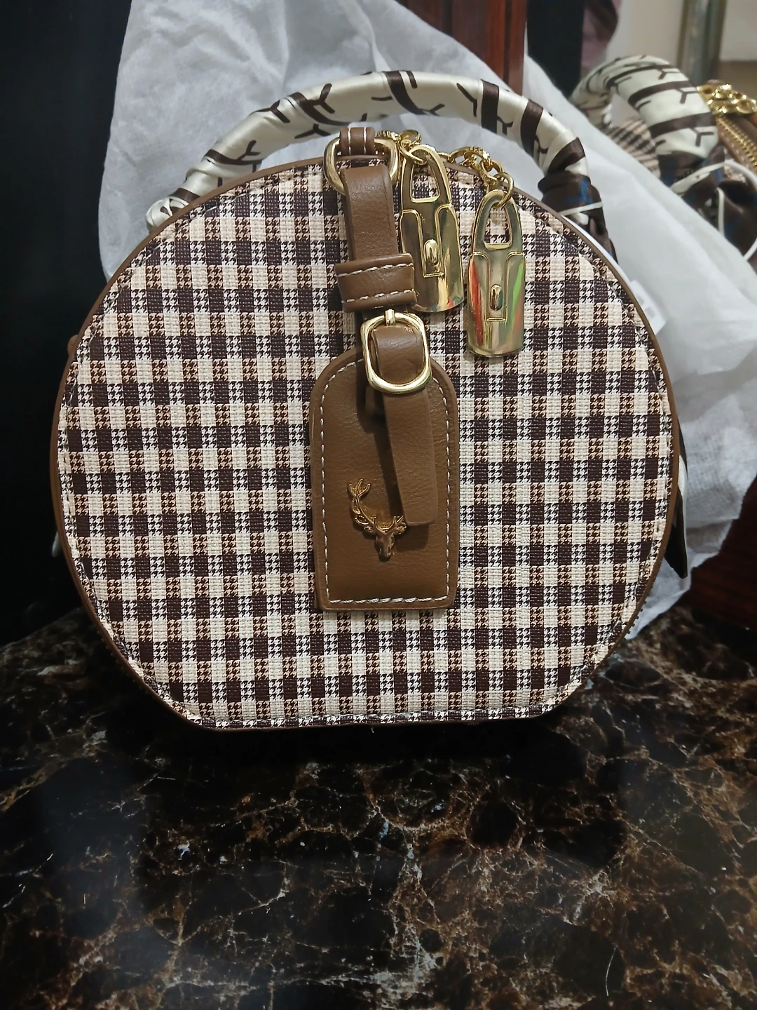 Brown Plaid Round Handbag with Scarf Handle - photo 2