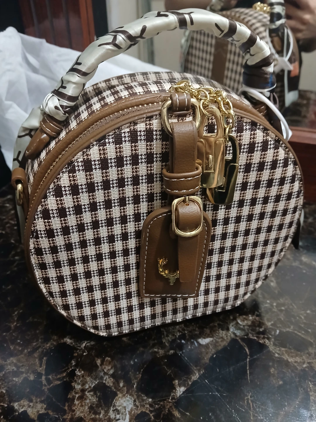 Brown Plaid Round Handbag with Scarf Handle - photo 5