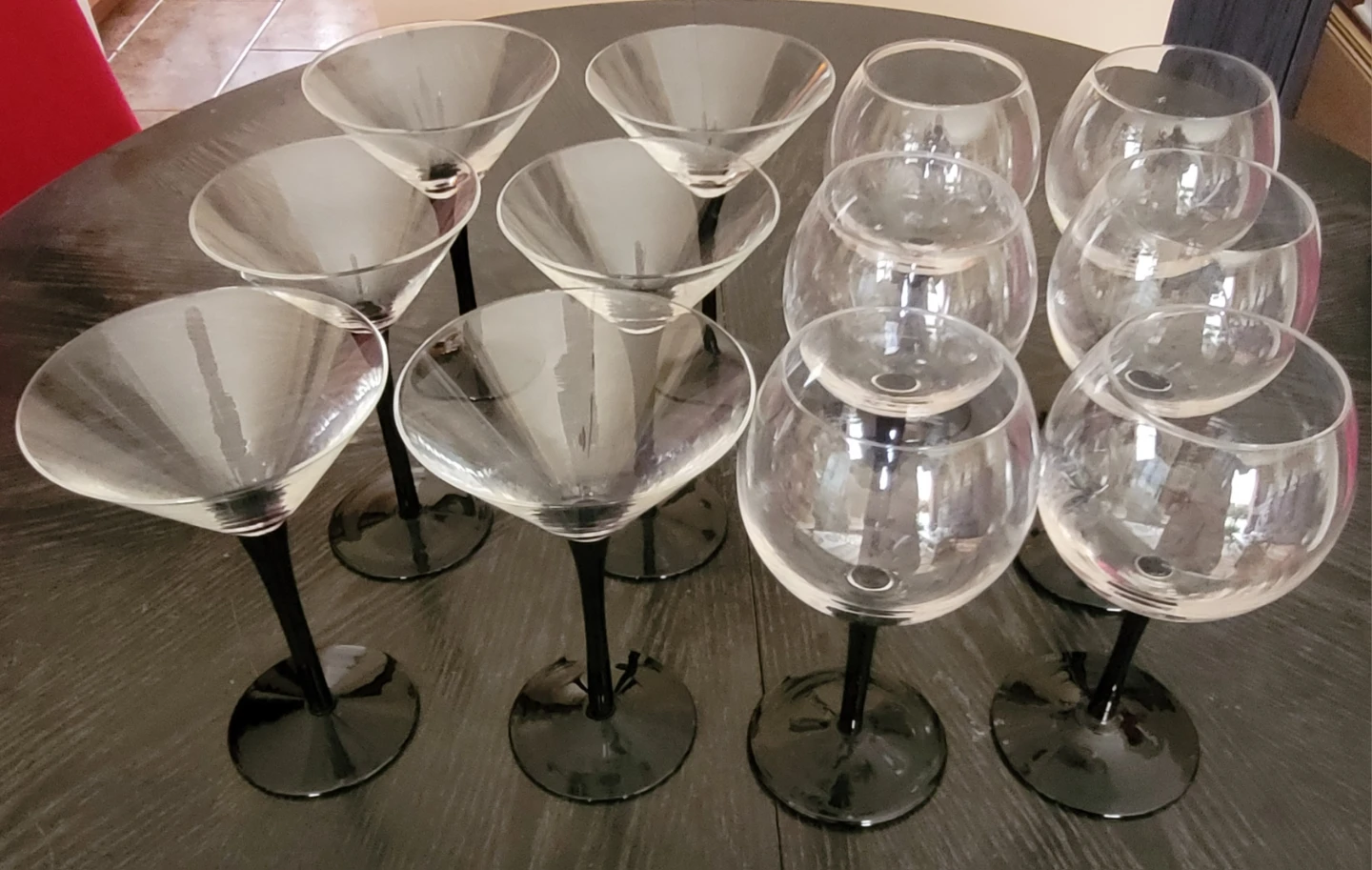 Set of 10 Martini & Wine Glasses with Black Stems