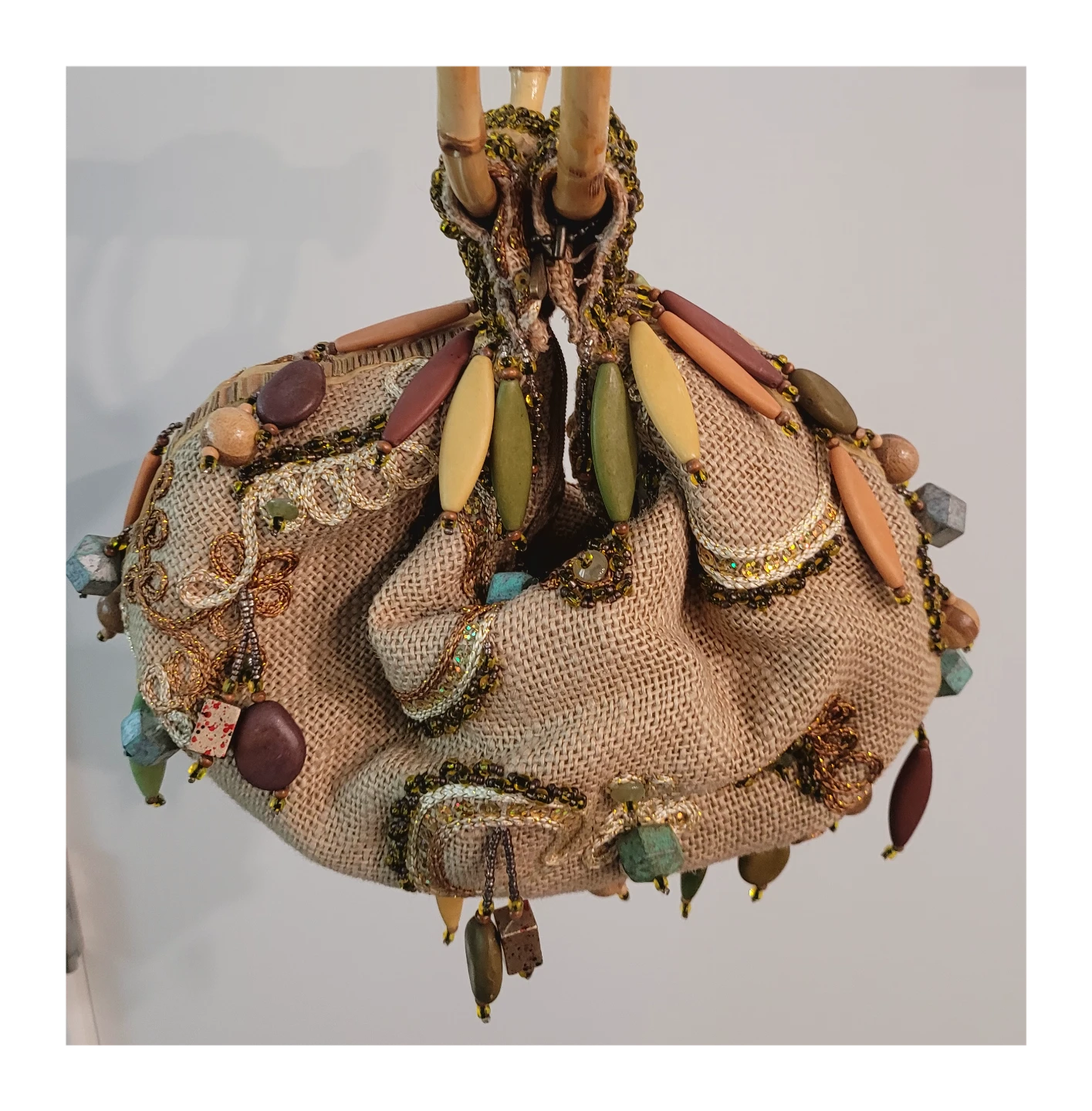 Mary Frances Handbag Embellished Jute with Bamboo Handles - photo 2
