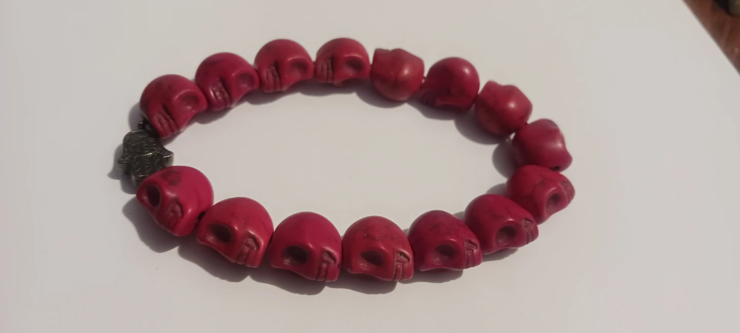 Red  Stone Skull Beaded Bracelet with Hamsa Charm - photo 2