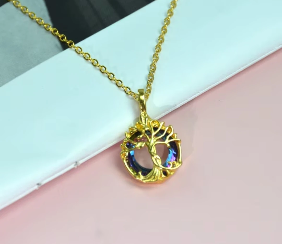 Rose Golden Winding Tree of Life Pendant Necklace - Purple Glass