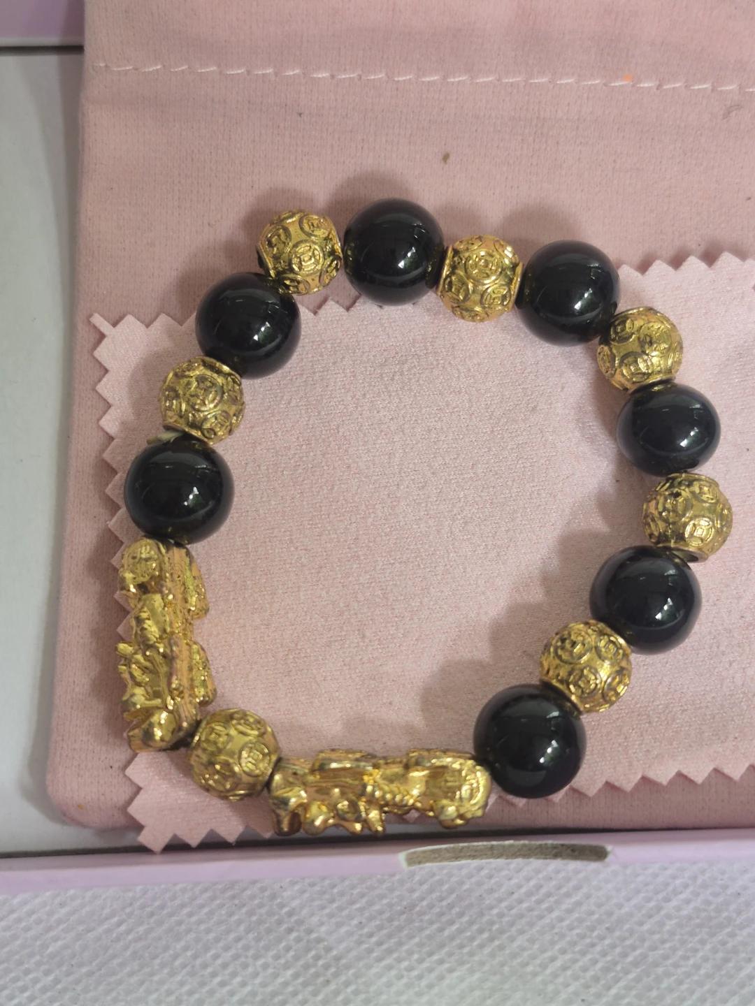 Black Stone and Gold Pixiu Charm Bracelet