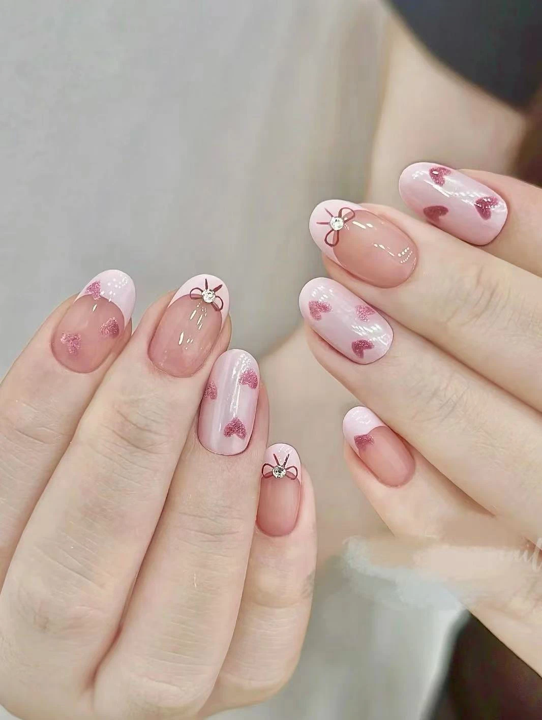 Handmade Press-on Nails - Pink Hearts & Bows Design - photo 2