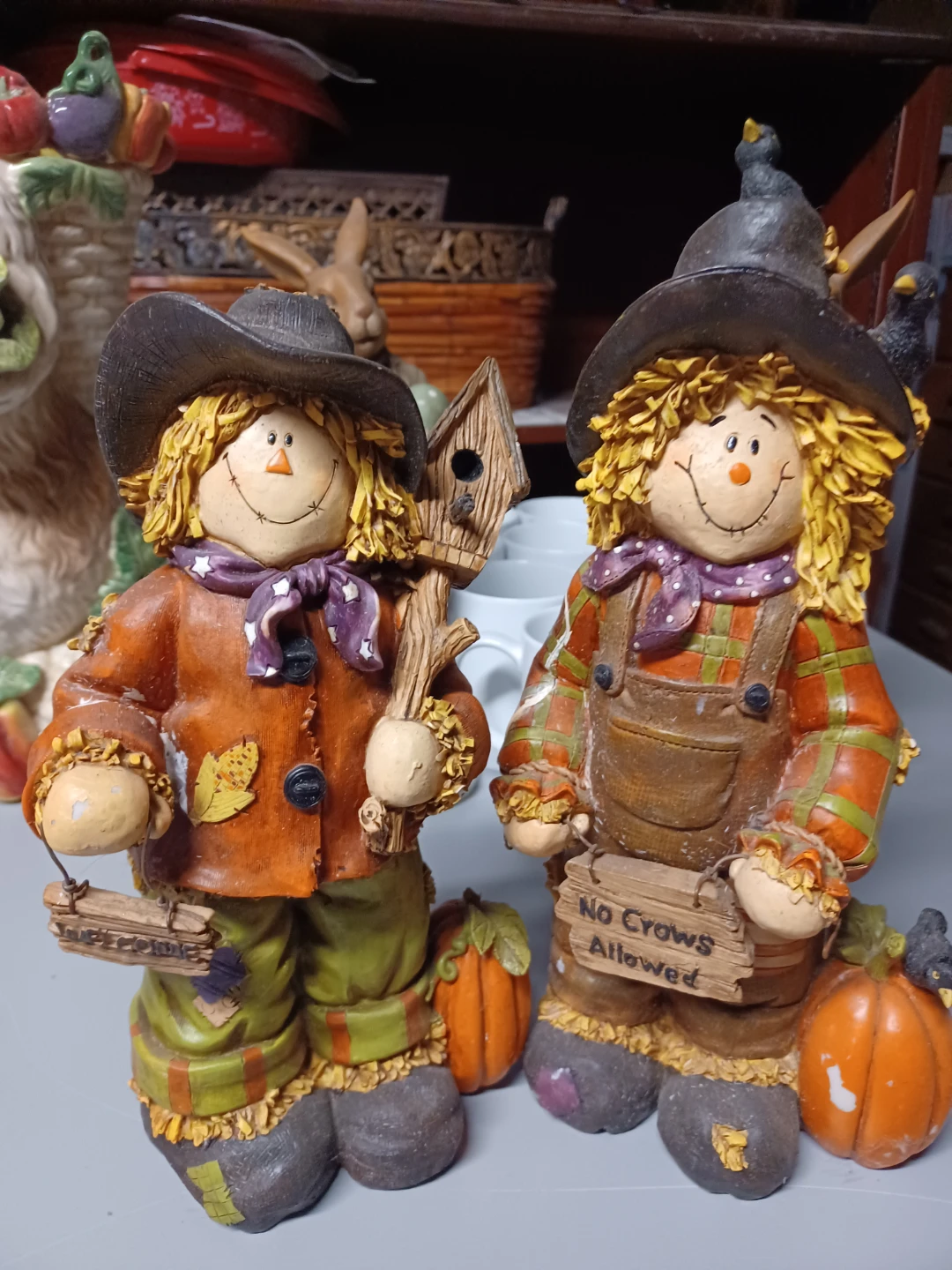 Set of 2 Scarecrow Figurines with Pumpkins