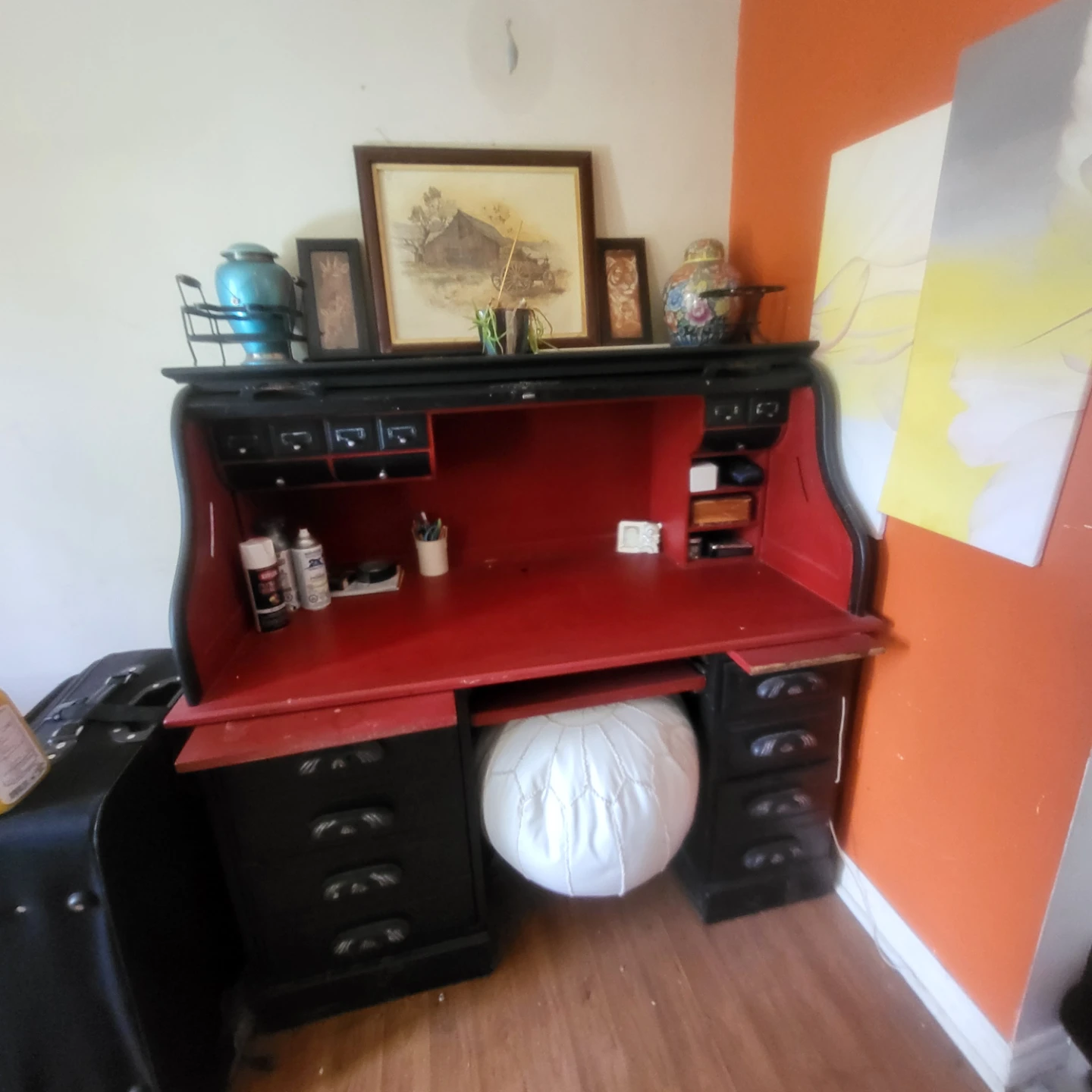 Vntg Black Roll-Top Desk with Red Interior