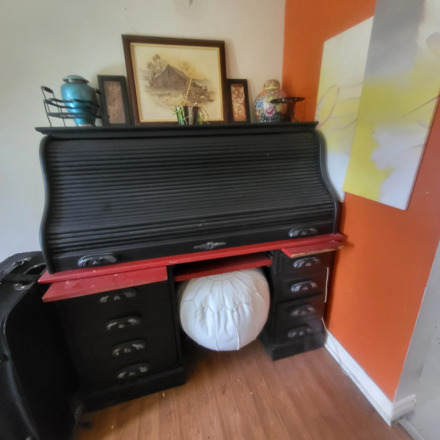 Vntg Black Roll-Top Desk with Red Interior - photo 2