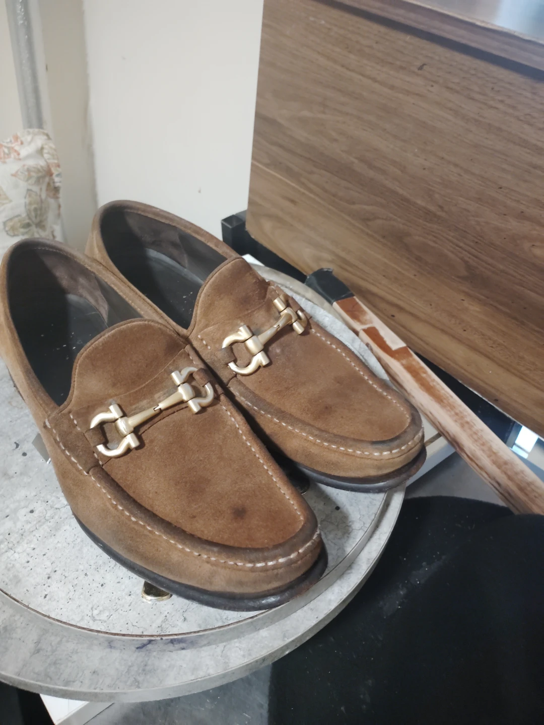 Brown Suede Loafers with Gold Buckle - photo 3