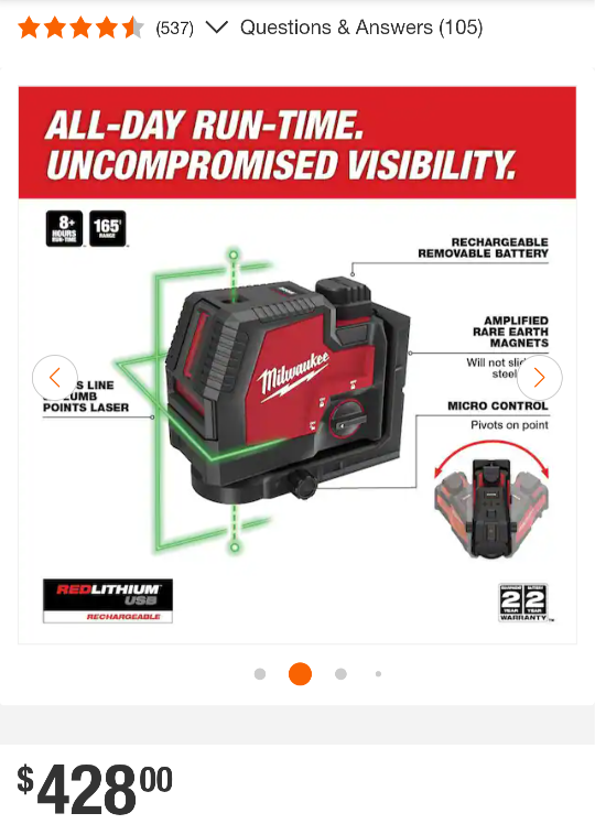 100ft Milwaukee RECHARGEABLE Green Laser Level Combo - photo 2