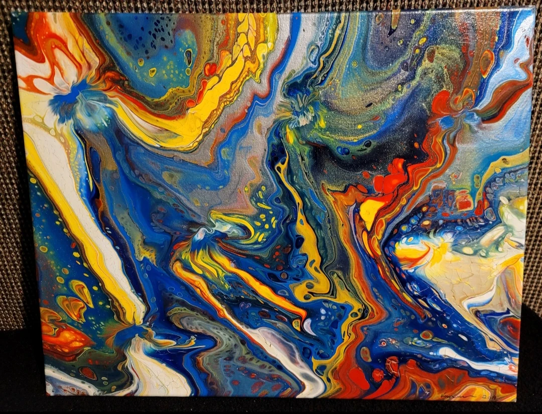 Abstract Acrylic Pour Painting - Blue, Yellow, Red, Gold