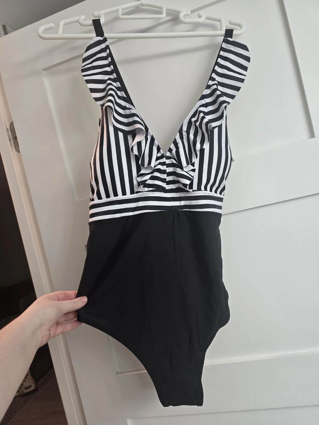 SHEIN Black & White Striped Ruffle Swimsuit