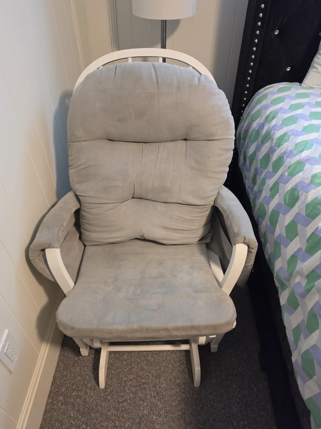 White Glider Rocking Chair with Grey Cushions