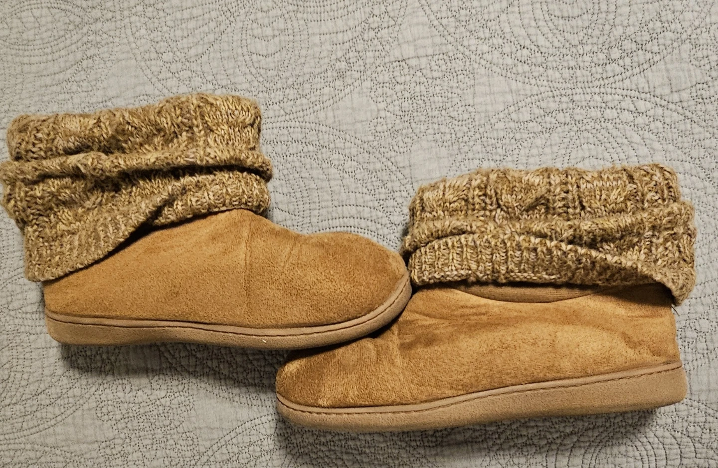 Tan Suede Bootie Slippers with Knit Cuff