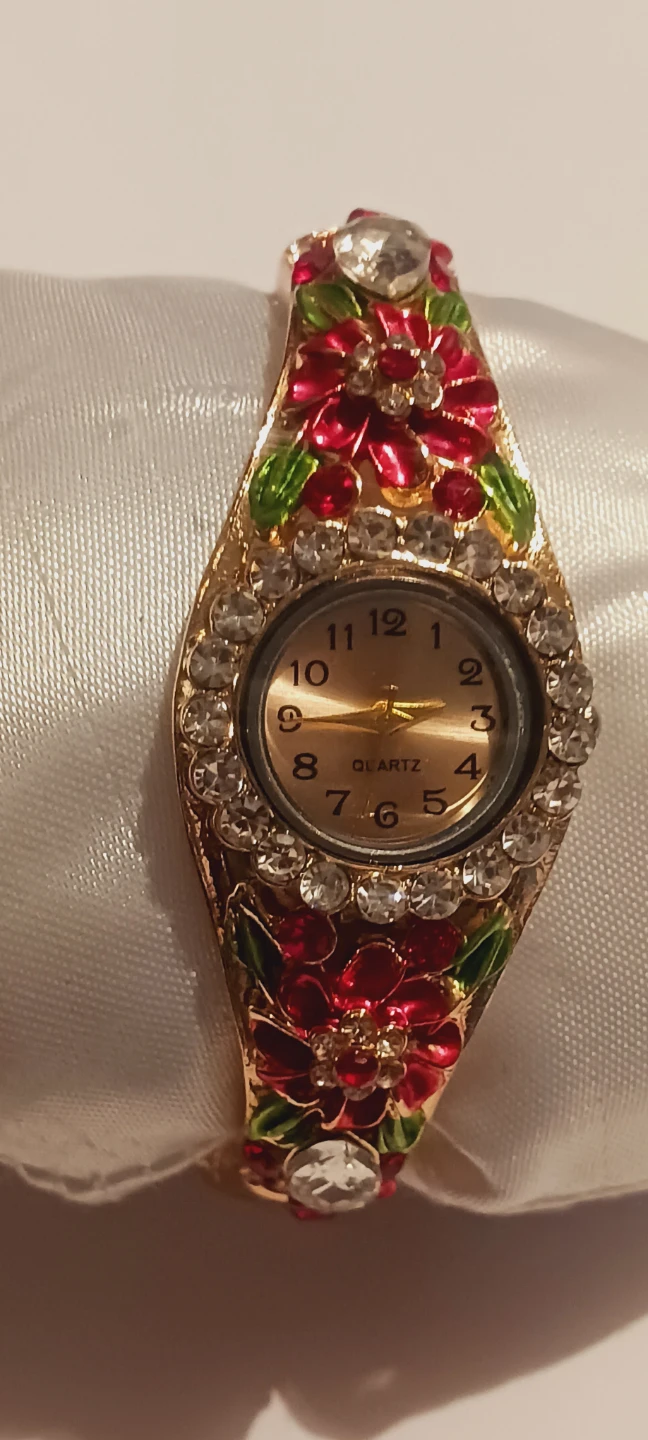 New !! Gold-Tone Floral Bangle Watch with Crystals