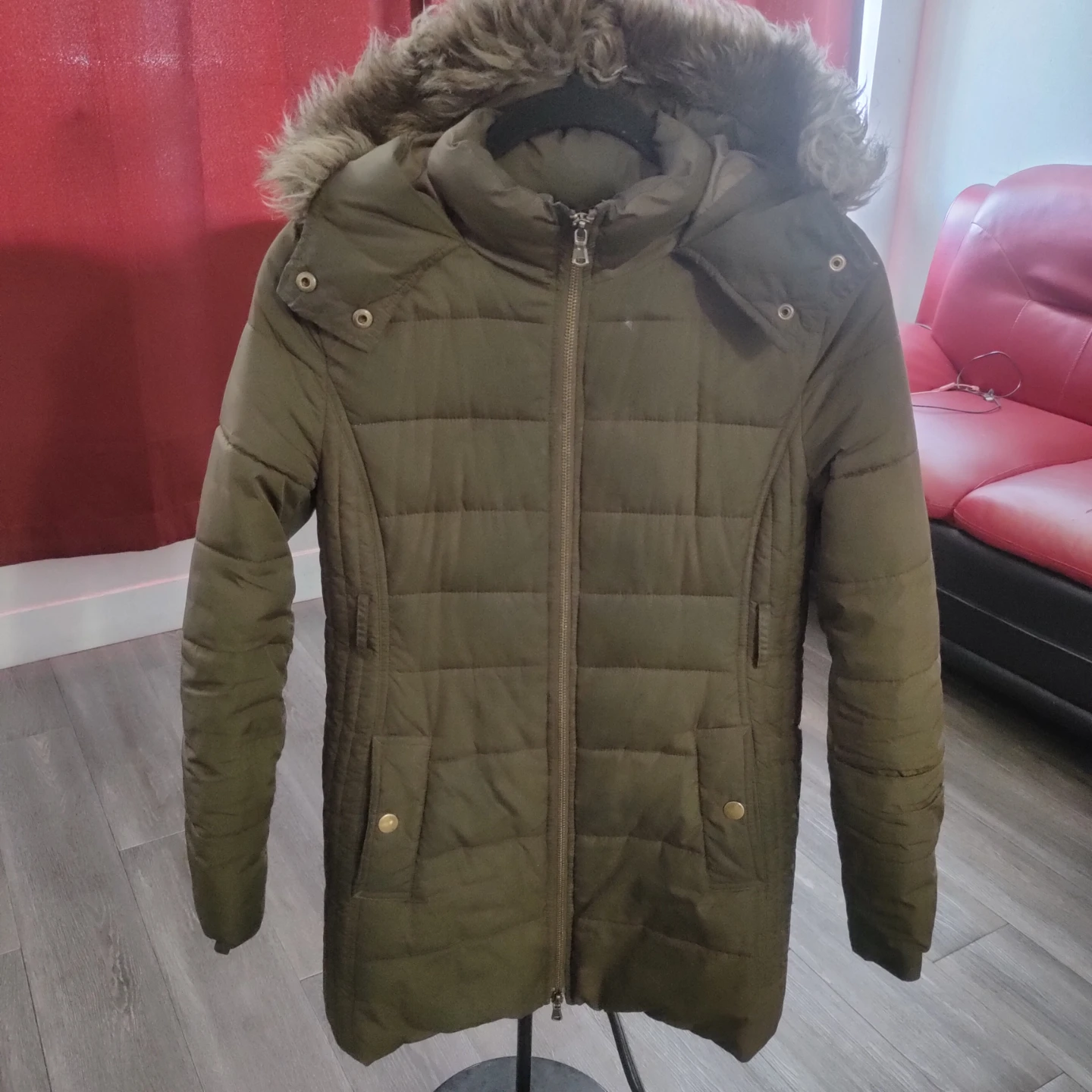 Old Navy Olive Green Puffer Coat with Faux Fur Hood - XS