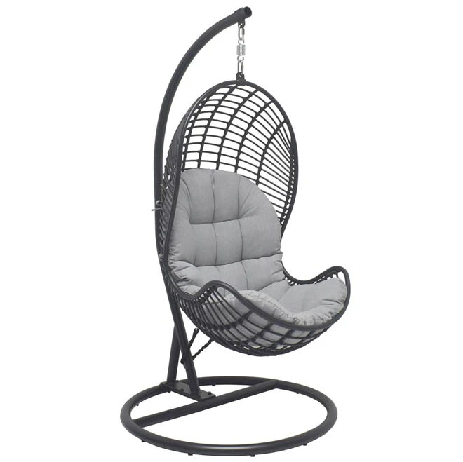Black Wicker Hanging Chair with Grey Cushion