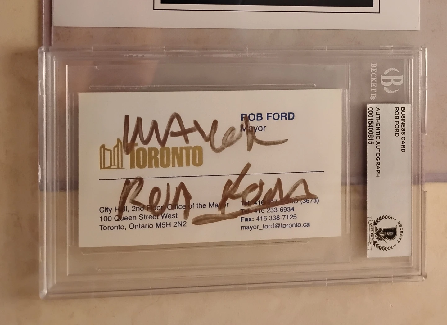 Mayor Rob Ford Signed Beckett Encapsulated Gold Business Card
